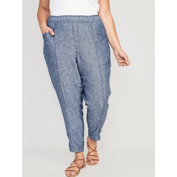 Old Navy Women's Blue Linen Blend Pull on Tapered Pants Pockets Size Large TALL - Picture 1 of 12